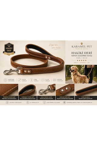 Premium Hakiki Deri Köpek Gezdirme Kayışı Kamel 100 Cm Yumuşak Dolgulu Tutma Saplı Camel
