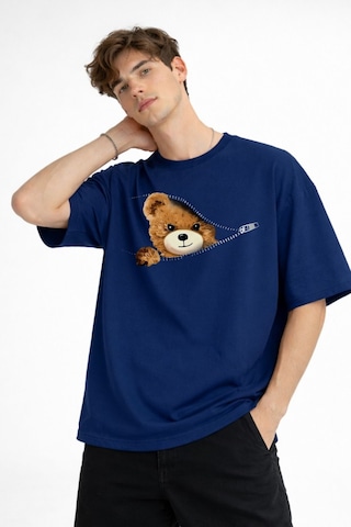 Misa Tahtakale Mn - Bear Baskılı Oversize Tişört Lacıvert Çok Renkli