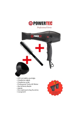 Powertec TR-701 Profesyonel Fön Makinesi + Vigo Difüzör Başlık + Profesyonel Fön Fırçası