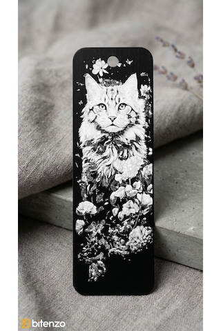 Sanatsal Kedi Ve Çiçek Figürlü Kabartma Dokulu Kitap Ayracı - Mat Siyah Şık Kitap Aksesuarı