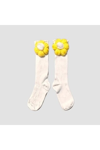 Uretti - Gülnur 2184 - El Örgüsü Çiçek Motifli Çoraplı Kız Çocuk Hırka 3 Yaş - Beyaz Beyaz