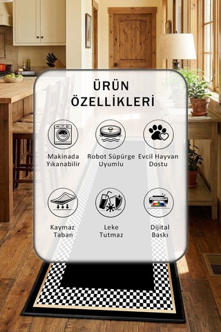 Süslü Kitchen Ortasi Siyah Yazisiz Yıkanabilir Mutfak Halısı