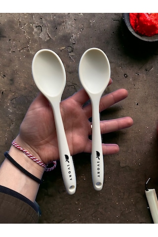 Sert Uçlu Isıya Dayanıklı Silikon Kısa Kaşık 20 Cm 2adet Krem
