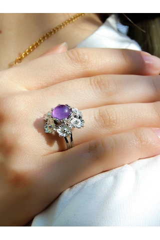 Esha Store Doğal Taş Ametist Doğal Taşlı Çiçek Model Telkari Kadın Ayarlanabilir Gümüş Kaplama Yüzük Euy61amtr MOR