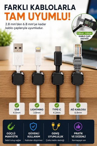 Manyetik Kablo Düzenleyici Kablo Tutucu 6'lı Set Yapışkanlı Kablo Sabitleyici Masa Kablo Düzeni