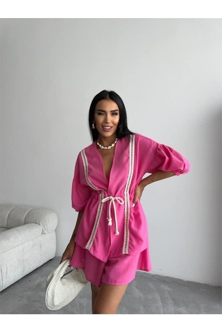 Sensuelle Keten Bel Büzgülü Bluz-pantolon Takım - Fuşya Fuşya