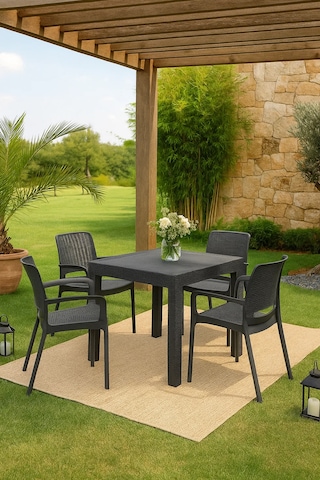 Rattan Kollu 4 Kişilik Bahçe Balkon Masa Takımı Antrasit