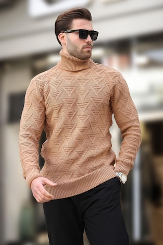 Madmext Camel Balıkçı Yaka Desenli Erkek Kazak E7292 Camel