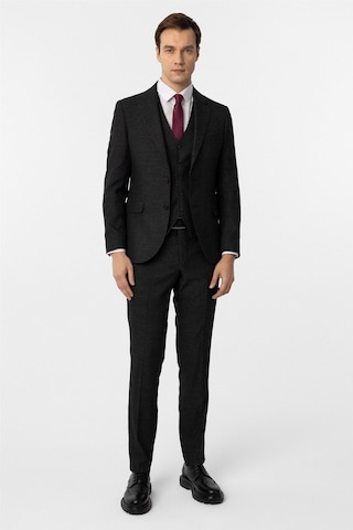 Süvari Siyah Slim Fit Desenli Sivri Yaka 6 Drop Yelekli Klasik Takım Elbise Siyah