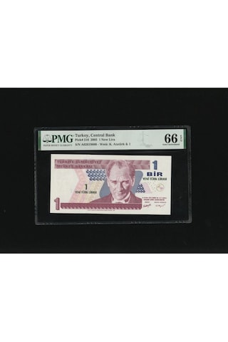 Bir Yeni Türk Lirası 1 Ytl P216 2005 Pmg 66 Epq Gem Unc S/n A29619828 / 8.ems 1. Tertip