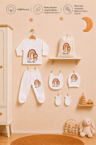 Pia Baby Yenidoğan Erkek Bebek İsme Özel 7 Parça Hastane Çıkışı Zıbın Seti %100 Pamuk Kıyafet Keseli Bebek Hediye Takımı 2014yzk3x Krem