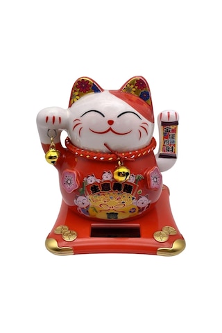 Seramik Maneki Neko Kırmızı Güneş Enerjili Şans Kedisi 12cm No.1