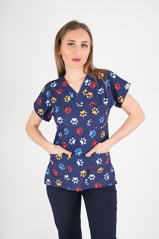 Unisex Pati Desenli Veteriner Doktor Hemşire Hastane Scrubs Tek Üst Üniforması Lacivert