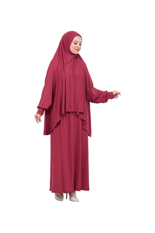 Modish Group İki Parça Namaz Elbisesi Uzun Pamuklu Tesettür Giyim Abaya & Başörtüsü Set Kırmızı