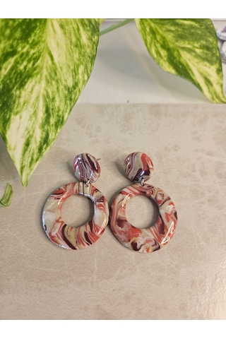 El Yapımı Polimer Kil Küpe - 14k Altın Kaplama Çelik Detaylı Ebru Desenli Halka Sallantılı Küpe Aura Swirl Ebruli