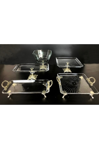 Alfafe Home 5 Parça Gümüş Döküm Ayaklı Sunumluk Set Pasta Kurabiye Tatlı Servis Tabağı Gümüş
