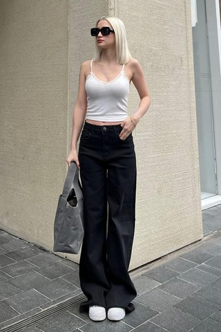 Madmext Siyah Straight Wide Kadın Jean Mg2000-siyah Siyah