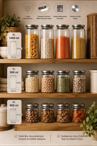 Porsima Bormio 12'li Vakumlu Metal Kapaklı Cam Kavanoz Seti 1400 Ml, 900 Ml, 650 Ml Erzak & Baharatlık Bambu - Şeffaf