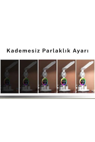 Monozone Rgb Şarjlı Led Masa Lambası Fanlı 4başlı Lamba Rgb Saat Ekranlı Kısılabilir Çalışma Lambası Beyaz