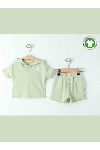 Zekids Bebek Organik Pamuklu Basic Kapüşonlu Tshirt Şortlu Takım-15908 Yesil