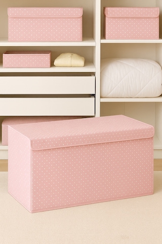 Serstil Pembe Puantiyeli Mega Boy Destekli Sert Karton Kapaklı Kutu Hurç 70x40x30 Cm Pembe Puantiye
