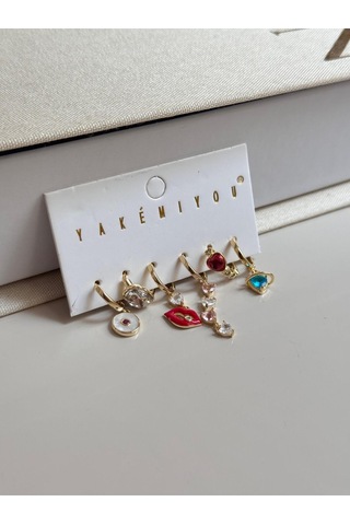 Renkli Figürlü 6 Lı Altın Renk Charm Küpe Seti Kalp, Dudak Ve Göz Detaylı Altın