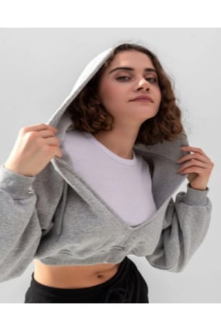 Kadın Kapüşonlu V Yaka Crop Kalın İçi Polarlı Örme Sweatshirt Gri