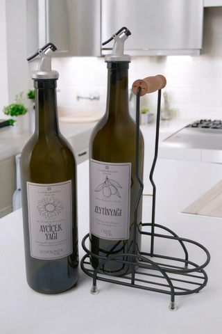 Digithome Petra 2'li Siyah Metal Standlı Ahşap Saplı Yağdanlık Seti Gümüş Etiketli Amber Yağlık 750 Ml Siyah