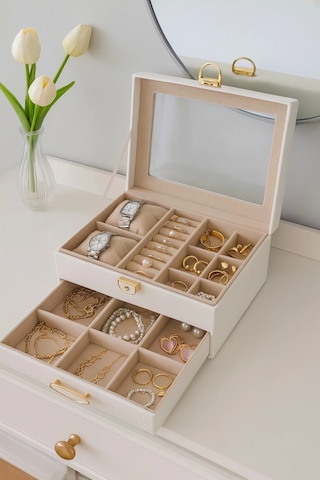 Dışı Deri İçi Kadife Kilitli Çekmeceli Takı Bijuteri Mücevher Kutusu Organizer Düzenleyici Beyaz İth