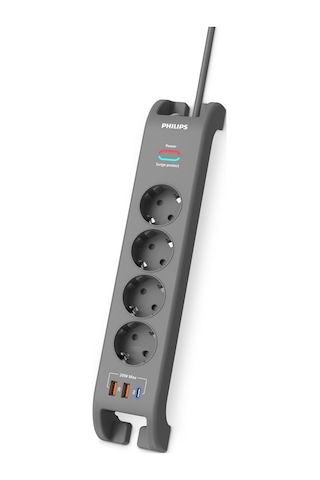 Philips Spn4140ga Akım Korumalı Priz 4'lü + 2x Usb-a 18w + 1x Usb-c 20w - 2m Kablo - Siyah 2 m