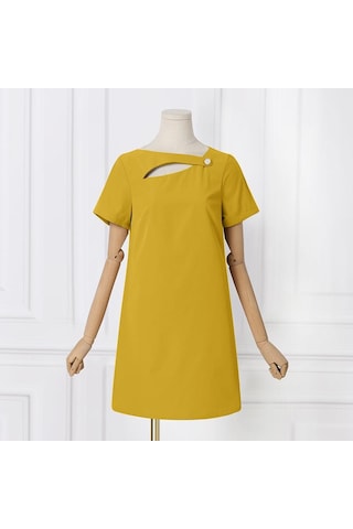Sarı Vonda Bayan Yaz Yuvarlak Yaka Kısa Kollu Yırtmaçlı İnci Düğme Düz Tek Renk Kısa Elbiseler