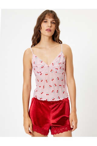 Koton Kiraz Baskılı Askılı Pijama Üstü Kalp Yaka Rahat Kalıp Pembe Desenli 4slk90022mk Pembe