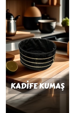 Singl Gold Metal Yuvarlak Ekmeklik Ve Meyvelik Lüx Kadife Kumaş Ekmek Sepeti Siyah