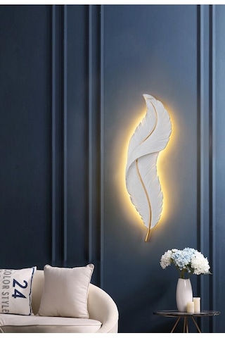 CajuArt Büyük Boy Dekoratif Tüy Şekilli Pilli Işıklı Duvar Dekoru Modern Aplik