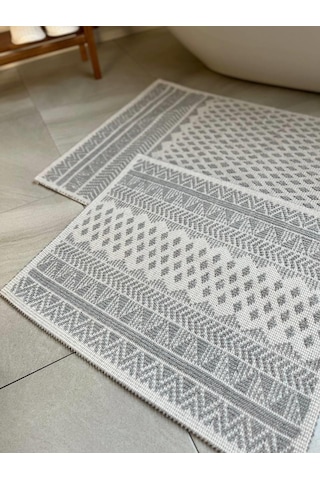 Tapis Bukle Doğal Pamuklu 2'li Banyo Paspas & Halı Seti 60x100+50x60 Cm - Gri Gri