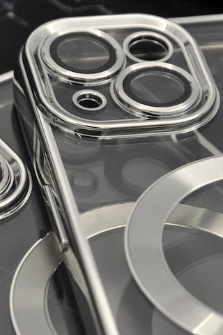 Apple Uyumlu iPhone 14 Magsafe Özellikli Gümüş Gri Silver Renkli Kenarlı Lazerli Şeffaf Kılıf Lens Korumalı