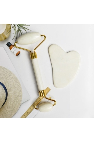 Dm Doğal Yeşim Çift Kafa Masaj Silindiri + Guaşa Tahta Yüz Zayıflama & Yaşlanma Karşıtı Bakım Seti - Stil B Altın Altın