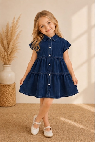 My Kids Wear Mia Düğmeli Denim Kız Çocuk Elbise 12843 Kot Mavi