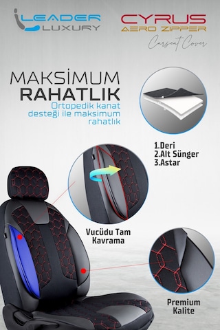 Kia Sportage Uyumlu Deri Detaylı Oto Koltuk Kılıfı Ön Arka Takım Cyrus Siyah Kırmızı