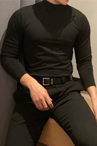 Tarz Cool Erkek Yarım Balıkçı Yaka Uzun Kollu Slim Fit Likralı Oysho Kumaş Tişört Siyah
