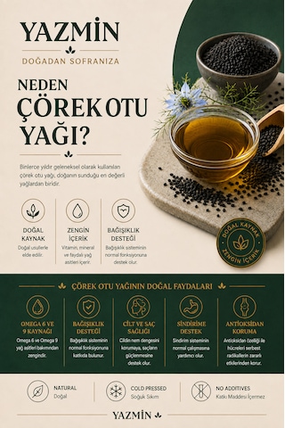 Yazmin Çörek Otu Yağı 250 Ml Cam Şişe Soğuk Sıkım %100 Saf Doğal Çörek Otu Yağı
