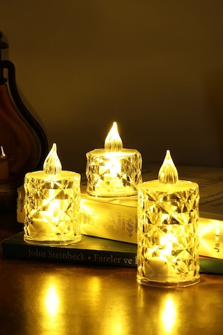 3 Lü Elmas Kristal Desenli Led Mum Seti Pilli Dumansız Alevli Dekoratif Yapay Mum Sarı