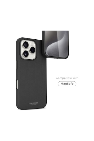 Vonmahlen Apple Uyumlu iPhone 16 Pro Max Deri Görünümlü Magsafe Kılıf Siyah