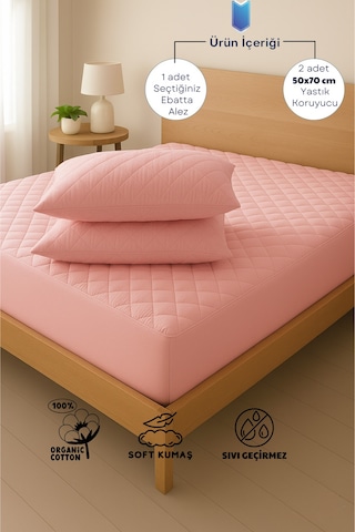 %100 Pamuk Set Renkli Alez Kapitone Sıvı Geçirmez Set - Pembe