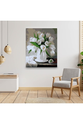 Sayılarla Boyama Seti 40 x 50 CM Tuval Şasesine Gerili Beyaz Çiçekler