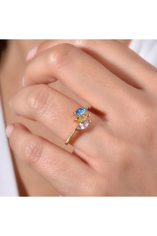 14 Ayar Altın Kaplama Markiz Renkli Taşlı Yüzük - Rs00105 Altın