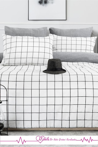 Battal Boy Lüks Pamuklu Nevresim Seti Beyaz Kare Desen Çok Renkli