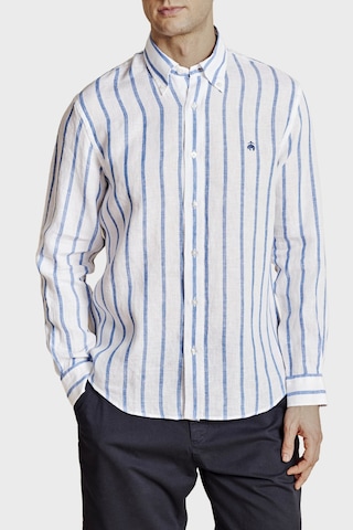 Brooks Brothers % 100 Keten Düğmeli Yaka Çizgili Gömlek Erkek Gömlek Bbss26msh013175 Mavi-beyaz
