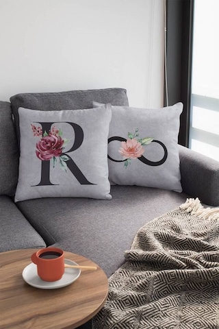 Çift Taraflı Gri R Harfli Yastık Kırlent Kılıfı Krl581n11