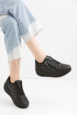 Kadın Siyah Spor Ayakkabı 6 Cm Yüksek Rahat Taban Sneaker X300 Siyah
